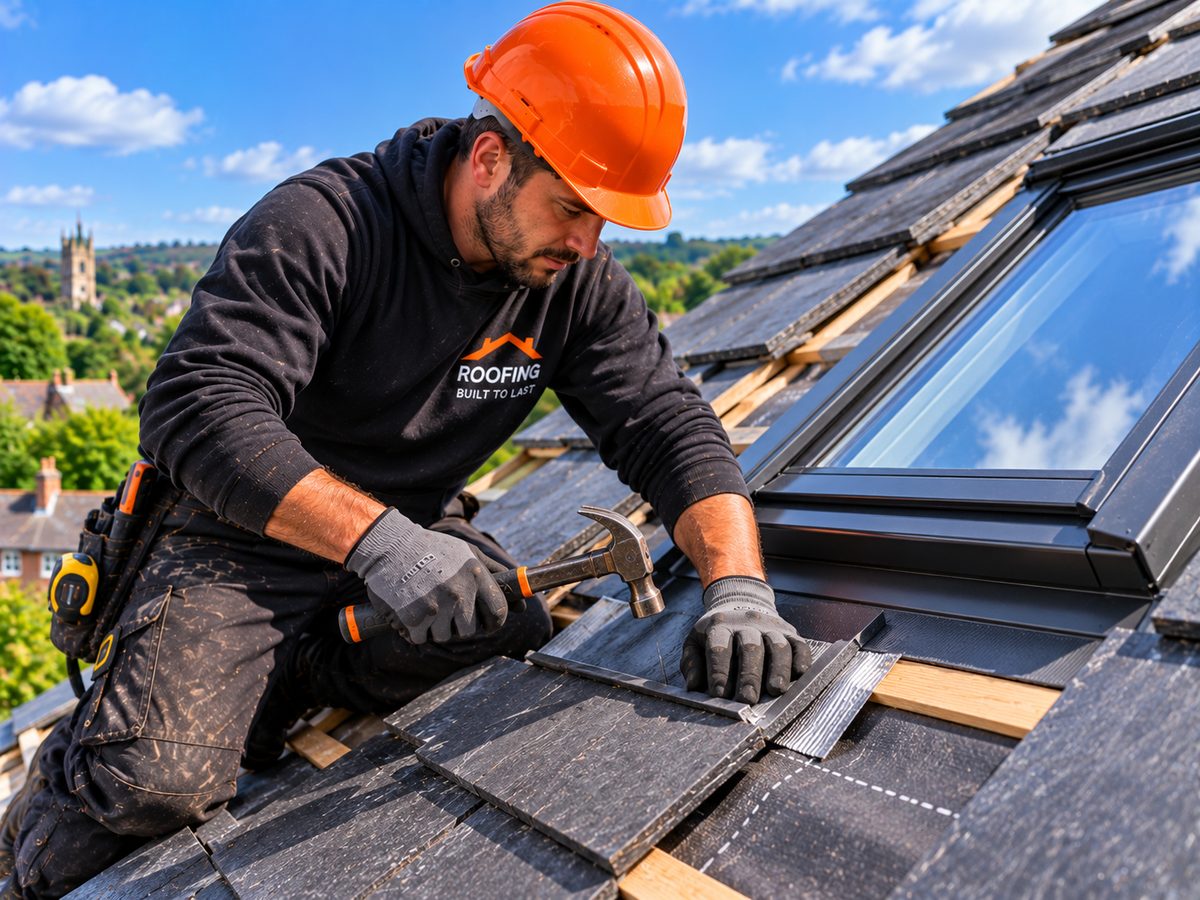 The Roofline team in navy workwear and orange hard hats beside their van on a Yorkshire street, house roofs behind (use a real team photo when available)