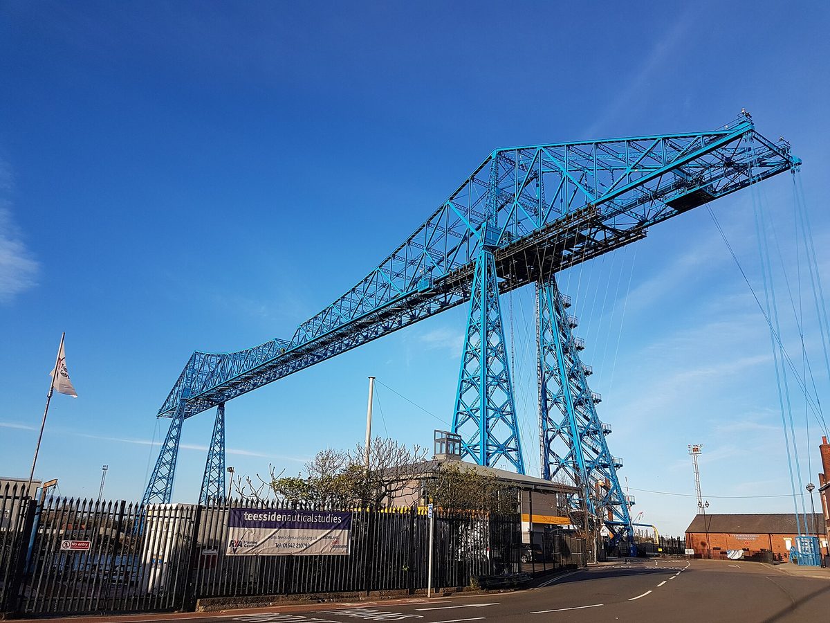 Tees Transporter Bridge, Middlesbrough. Photo by Stinglehammer, CC BY-SA 4.0, via Wikimedia Commons. Tees Transporter Bridge, Middlesbrough