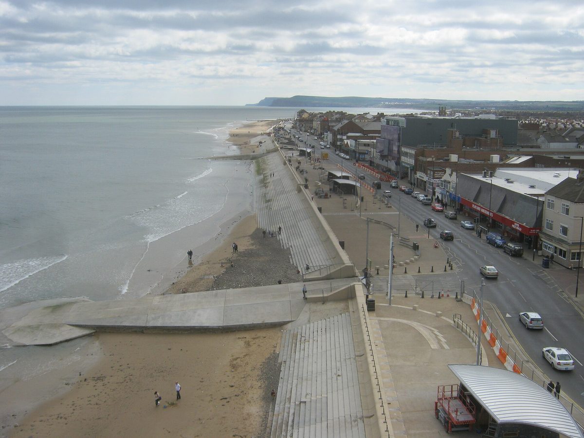 Redcar seafront. Photo by Peter Robinson, CC BY-SA 2.0, via Wikimedia Commons. Redcar seafront