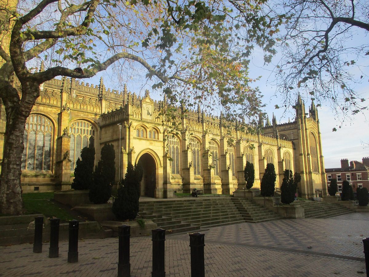 Wakefield Cathedral (8th December 2020). Photo by Mtaylor848, CC BY-SA 4.0, via Wikimedia Commons. Wakefield Cathedral (8th December 2020)