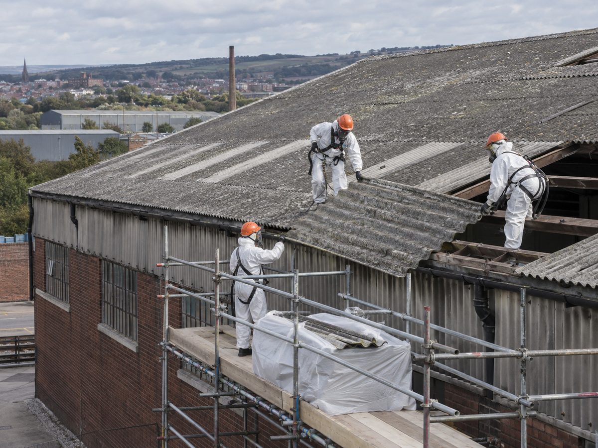 Asbestos cement roof sheets being removed under controlled conditions