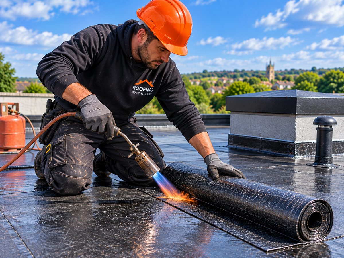 Roofers working on the roof of a steel-framed industrial unit across Yorkshire, safety netting and edge protection visible