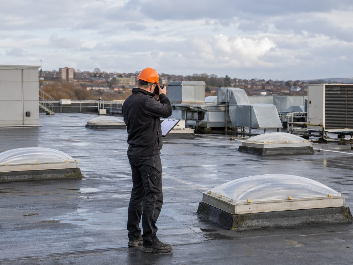 Roofer with a clipboard and camera surveying a large commercial flat roof across Yorkshire, rooflights and plant visible