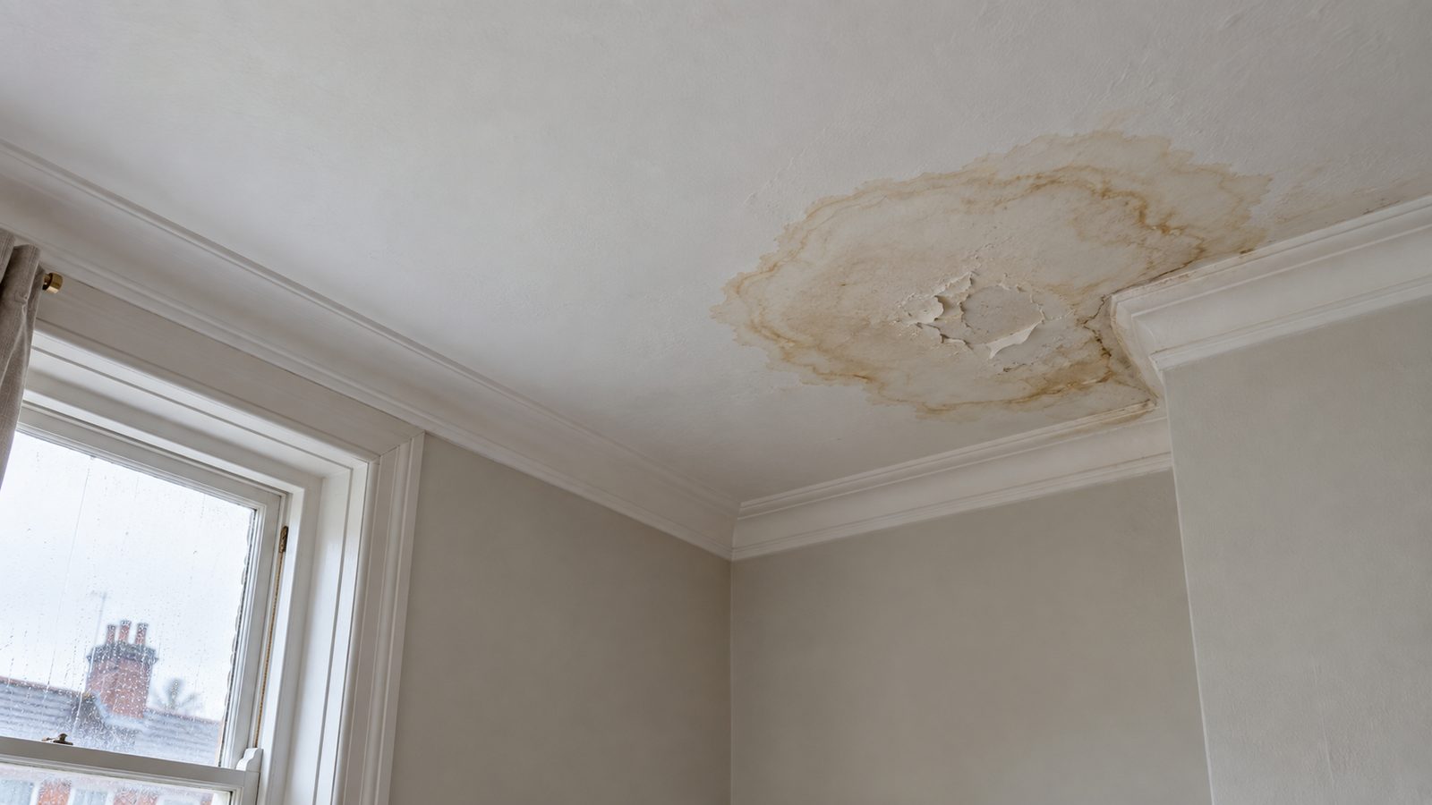 Brown water stain with tide-mark rings on a bedroom ceiling beside a chimney breast in an older terraced house