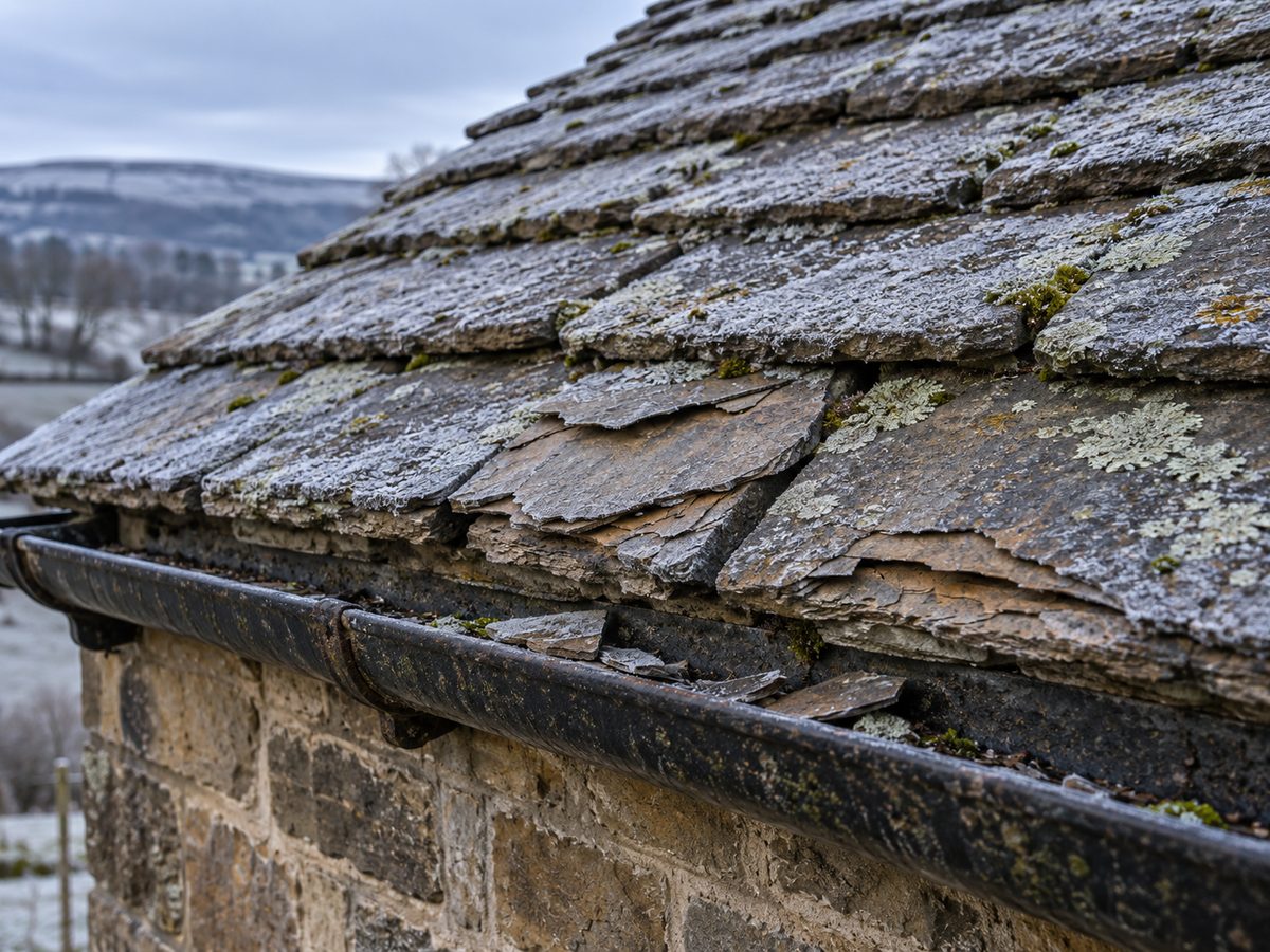 Frost on an old Yorkshire stone slate roof, with several flaking and split slates just above the gutter