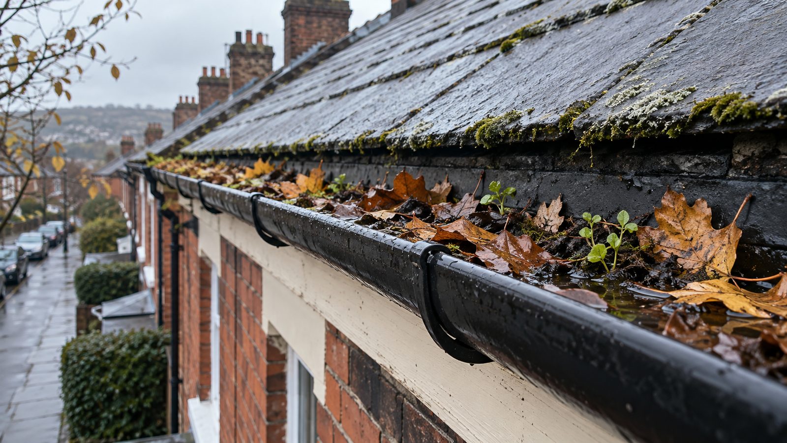 Gutter on a Victorian brick terrace packed with wet autumn leaves and silt below a slate roof edge