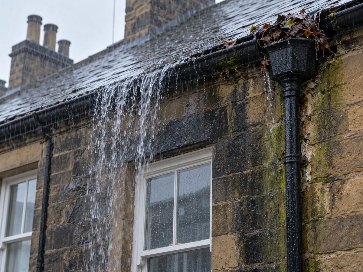 Rain overflowing a blocked gutter on a Yorkshire stone terrace, with green staining on the wall below
