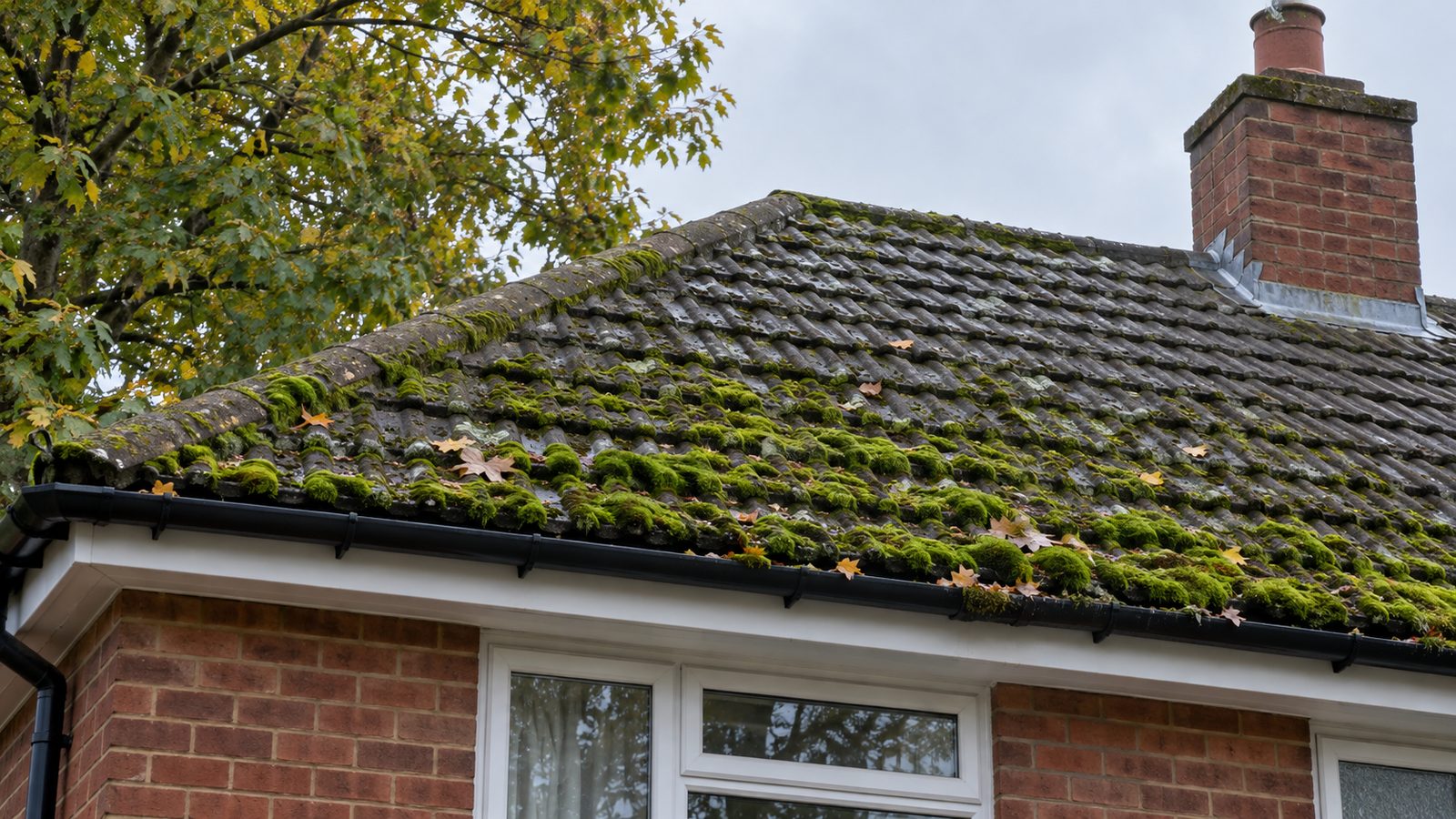 Green moss cushions on the grey concrete tile roof of a post-war Yorkshire semi, seen from the garden