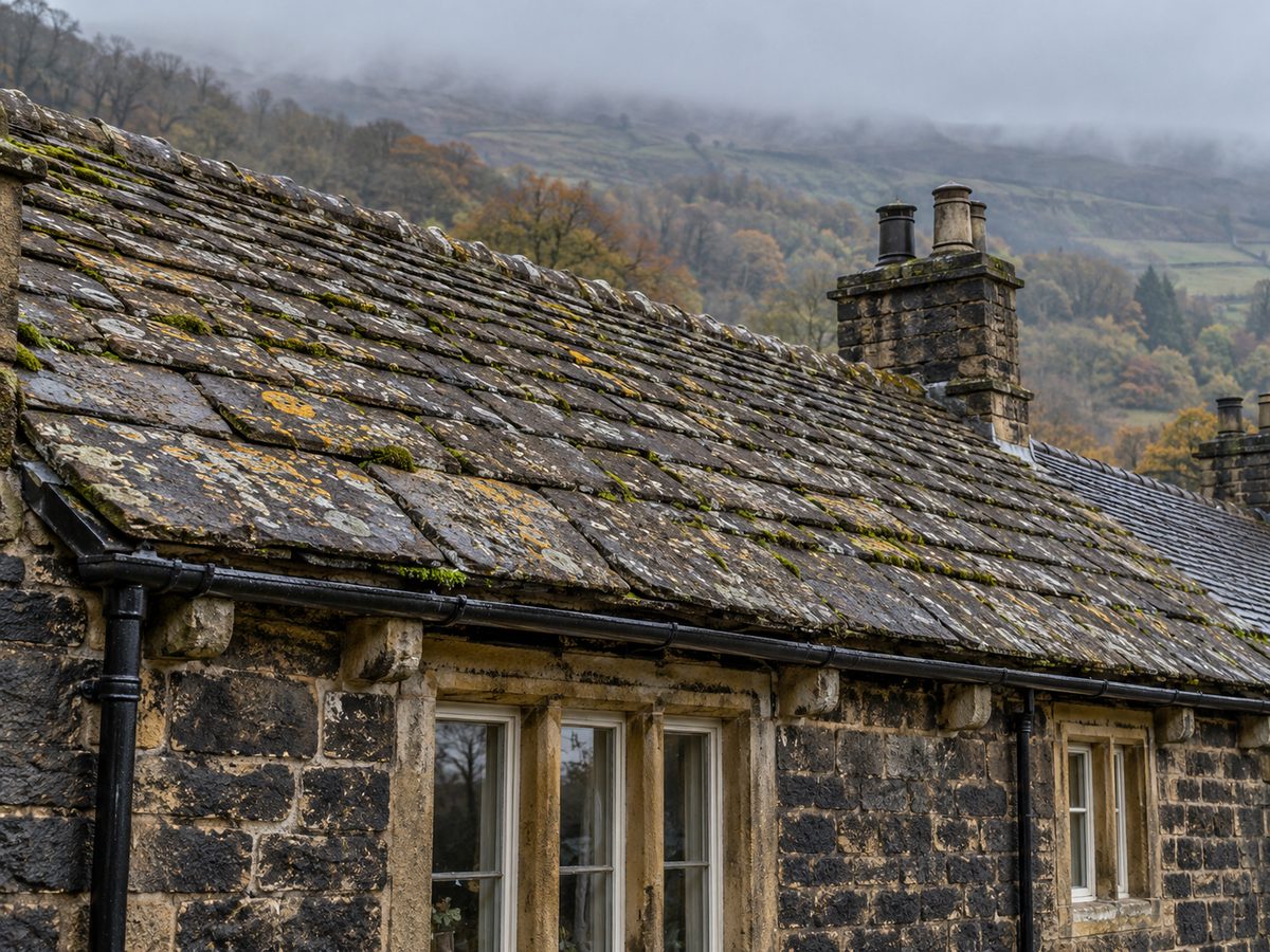 Weathered Yorkshire stone slate roof with lichen and moss on a gritstone cottage in a Pennine valley