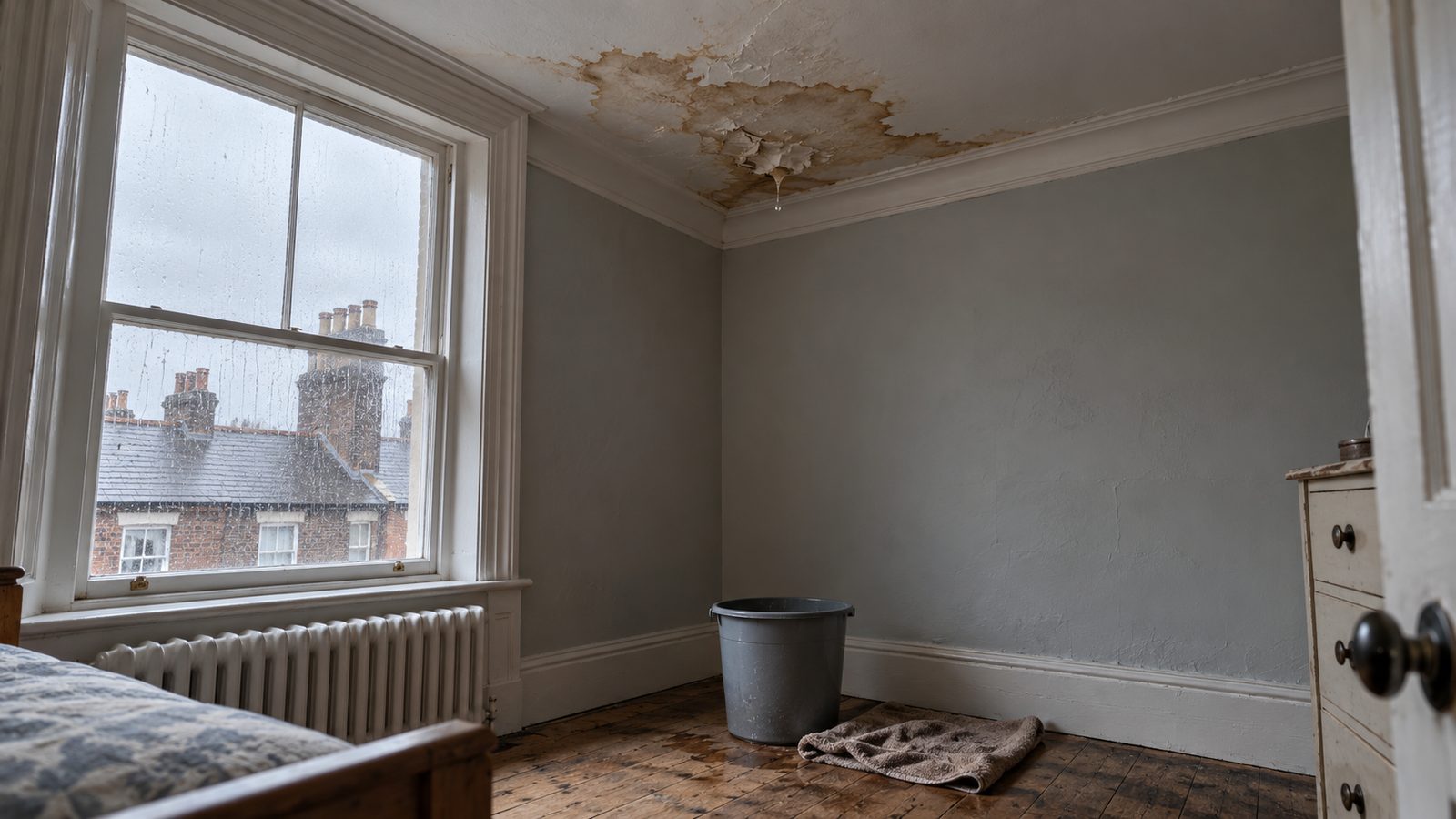 Brown water stain on a top-floor bedroom ceiling with a bucket underneath to catch drips