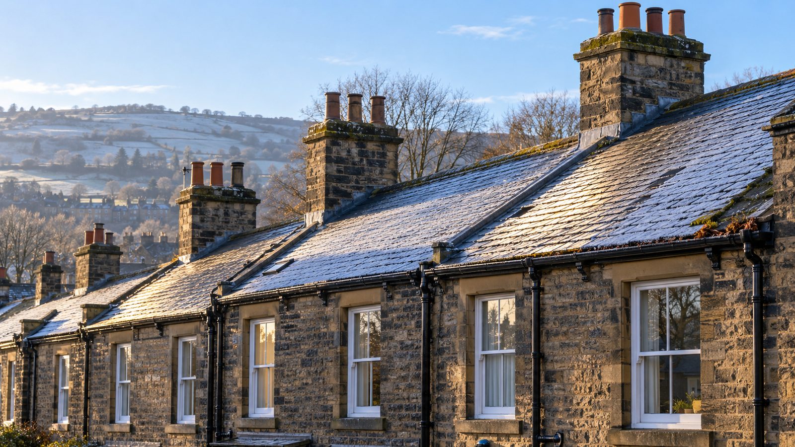 Frost on the slate roofs and chimney stacks of a stone terrace in West Yorkshire on a clear autumn morning