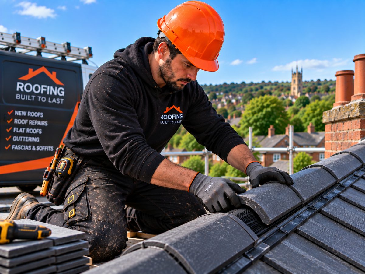 Dry ridge system with screwed ridge tiles and ventilated roll on a grey concrete tile roof, close-up along the ridge