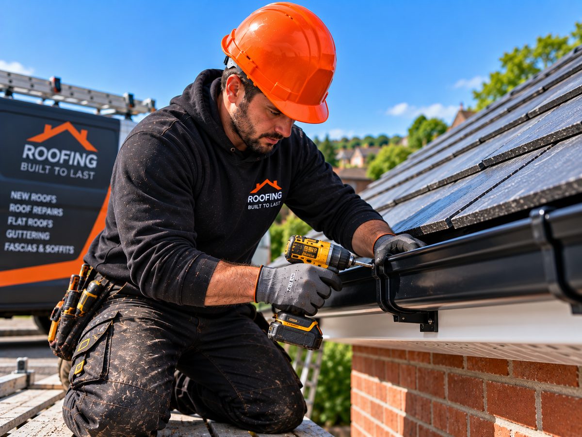 New black deep-flow uPVC guttering and downpipe on a red-brick Yorkshire terrace, close-up along the eaves