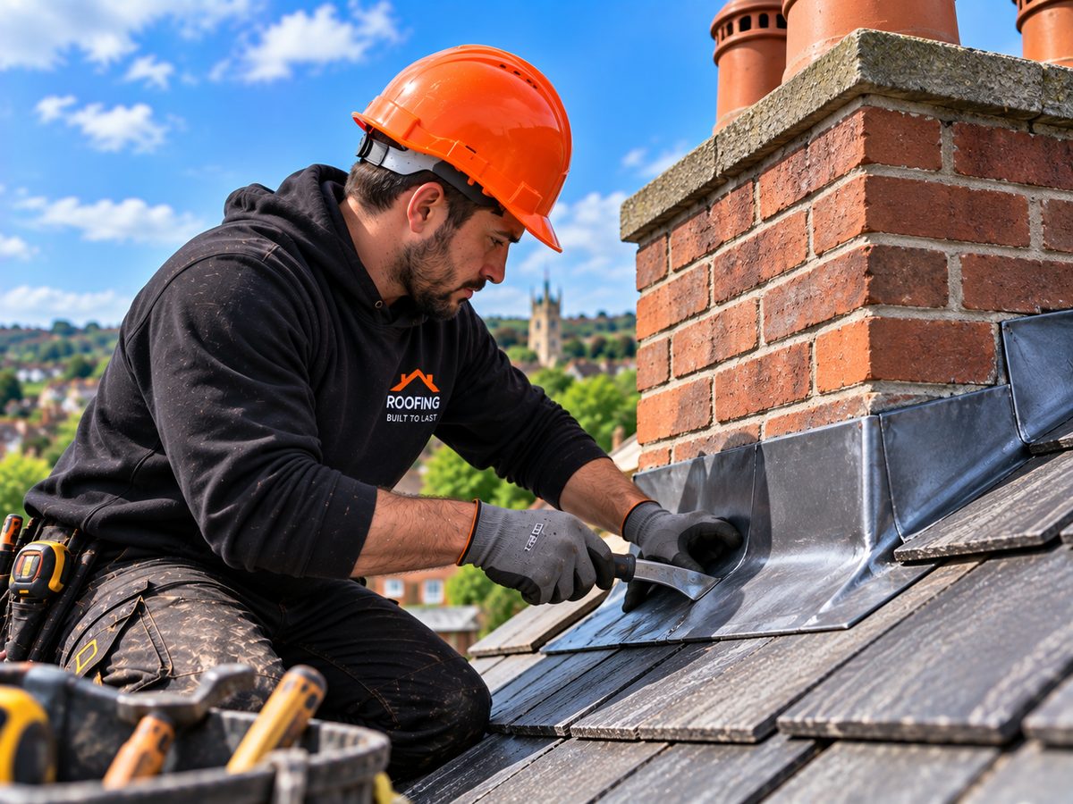 New stepped lead flashing and back gutter dressed around a brick chimney stack on a tiled roof, close-up