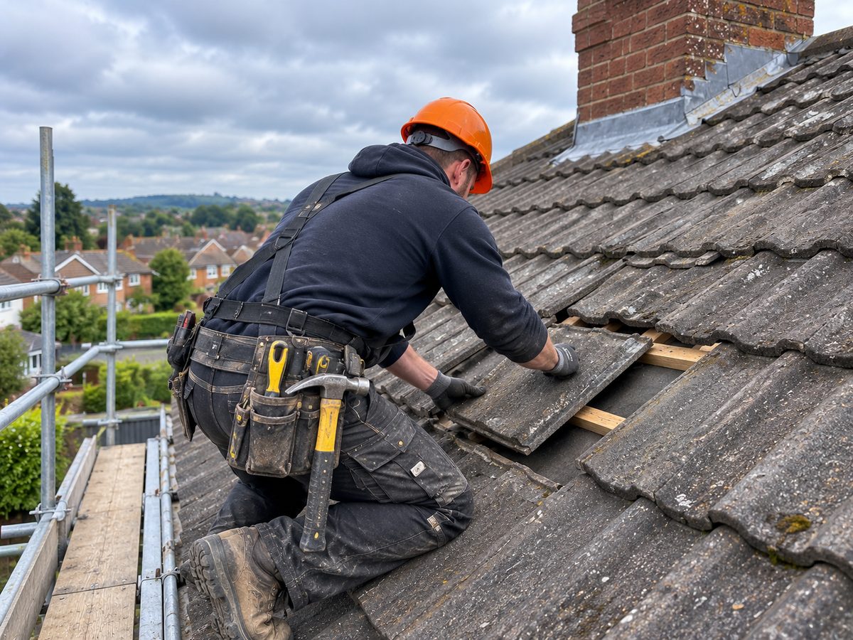 Roofer on a scaffold replacing a slipped grey tile on a 1950s Yorkshire semi, tool belt, overcast sky