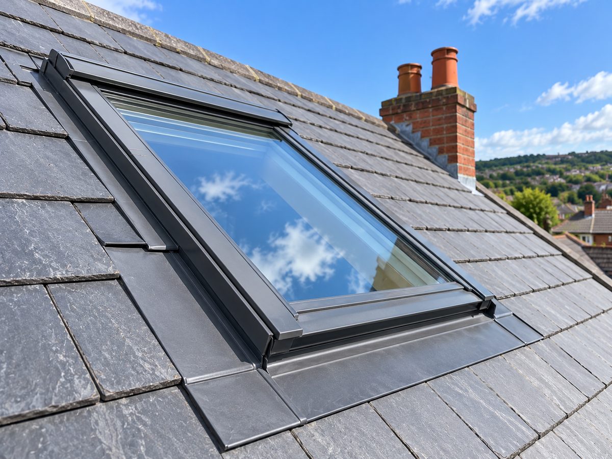 Centre-pivot roof window fitted into a slate roof with grey flashing kit, blue sky reflected in the glass