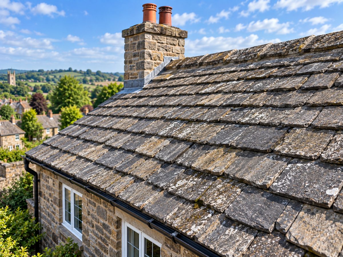 Graduated Yorkshire stone slate roof on a sandstone Pennine farmhouse, hills behind